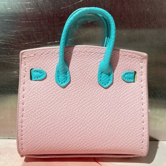 👜 Handmade Mini Blue Pink Faux Leather Birkin AirPods Tote Bag Charm Miniature - Picture 4 of 10